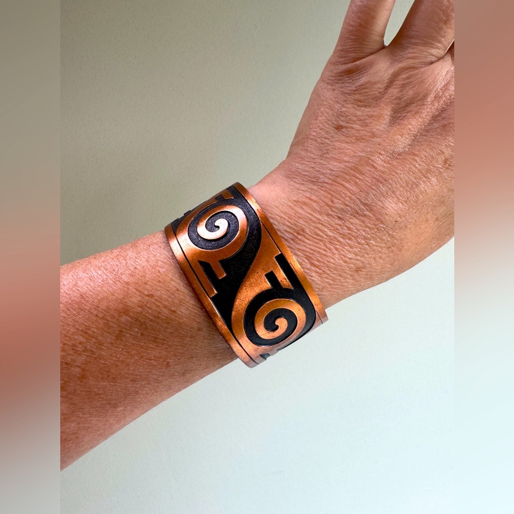 Solid Copper & Black Swirl Southwest  geometric design Cuff Bracelet, adjustable